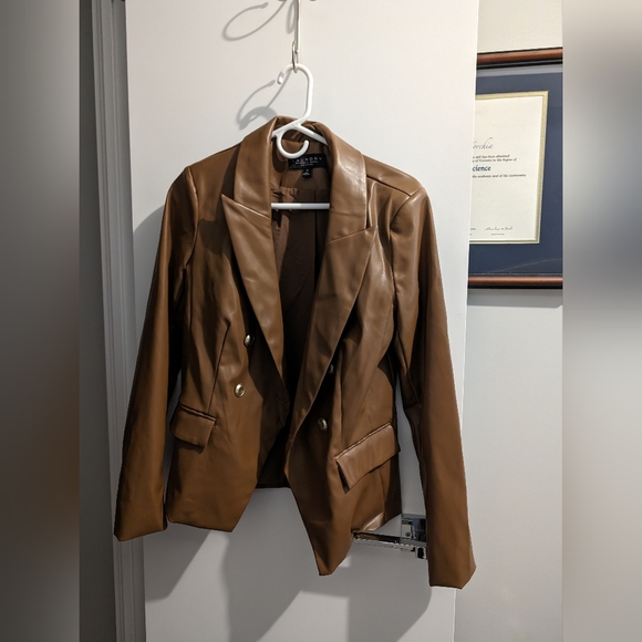 Laundry by Shelli Segal Brown Double Breasted Vegan Faux Leather Blazer - Picture 3 of 6